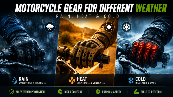 Three-panel motorcycle gear ad: gloved hand on handlebars in rain, sun, and snow.