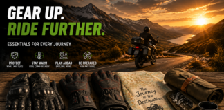 The essentials for long-distance touring: Motorcycle gear. Motorcyclist riding mountain roads at sunset, with gear icons and touring items (gloves, map, tool bag, mug) on wood.