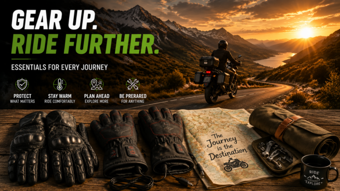 Motorcyclist riding mountain roads at sunset, with gear icons and touring items (gloves, map, tool bag, mug) on wood.