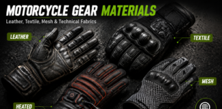 The different types of motorcycle gear materials: leather, textile, mesh, and technical fabrics Four motorcycle gloves — leather, textile, heated, and mesh — arranged on a dark background with labeled tags.
