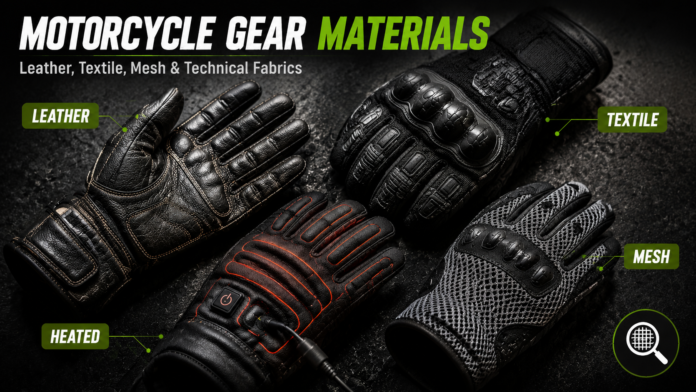 Four motorcycle gloves — leather, textile, heated, and mesh — arranged on a dark background with labeled tags.