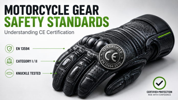 Motorcycle glove with metallic CE certification badge and text explaining CE safety standards for riding gear.