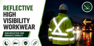 Reflective High Visibility Workwear: How Reflective Tape Enhances Visibility A worker in a yellow reflective jacket and white hard hat stands on a wet night road, facing oncoming traffic, with cones and a directional arrow truck behind him.