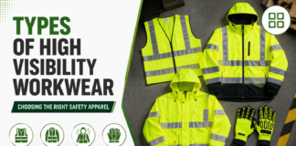 Types of High Visibility Workwear Explained: Choosing the Right Safety Apparel "Types of High Visibility Workwear" showing fluorescent yellow safety vests, jackets, rainwear, and gloves on the right, with a green banner listing construction, logistics, road work, and utilities industries at the bottom