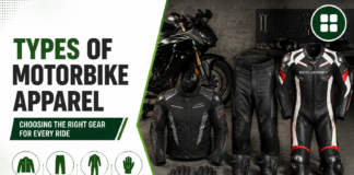 What are the different types of motorbike apparel? How to choose the right gear for every ride Guide to types of motorbike apparel — jackets, pants, suits, and gear matched to each riding style, alongside a garage scene showing actual riding gear.