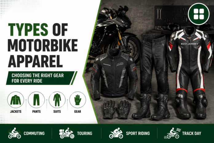types of motorbike apparel Guide to types of motorbike apparel — jackets, pants, suits, and gear matched to each riding style, alongside a garage scene showing actual riding gear.