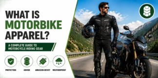 What is Motorbike Apparel? Motorcycle Riding Gear: A Guide for All Riders Infographic about motorbike apparel showing protective gear features and a motorcyclist in black gear beside a sport bike.