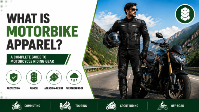 Infographic about motorbike apparel showing protective gear features and a motorcyclist in black gear beside a sport bike.