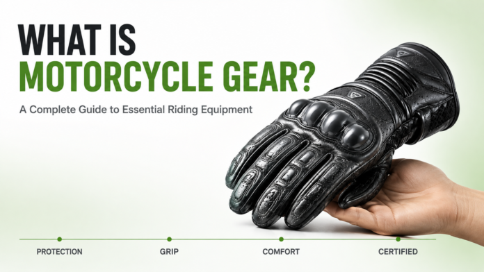 An infographic about motorcycle gear showing a gloved hand, highlighting Protection, Grip, Comfort, and Certified as key features.