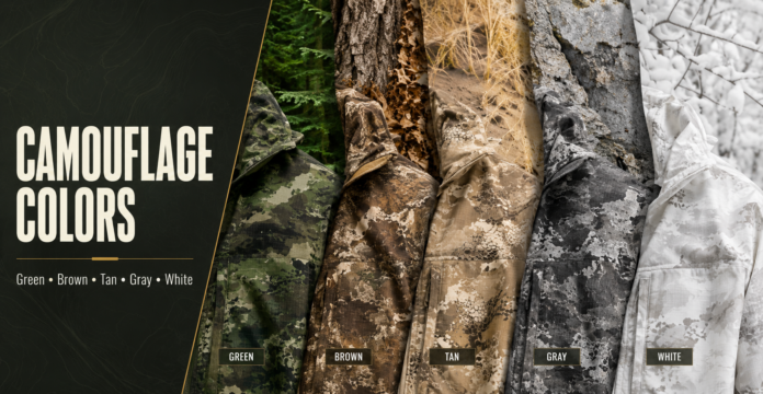 Camouflage Clothing Colors Explained How Green, Brown, Tan, Gray, and White Are Used Five camouflage jackets in green, brown, tan, gray, and white matched with different environments.