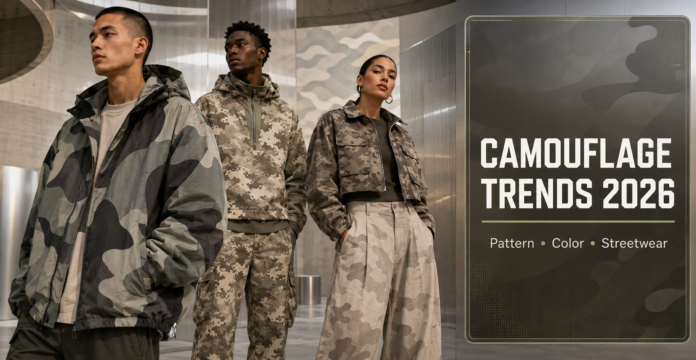 Camouflage Clothing Trends 2026 Pattern, Color, and Streetwear Directions Three models showcasing muted macro, digital, and low-contrast camouflage streetwear trends for 2026.