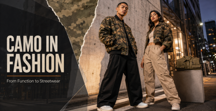 Camouflage Print in Fashion How Camo Moved From Function to Streetwear Two fashion models styling camouflage jackets with contemporary urban streetwear.