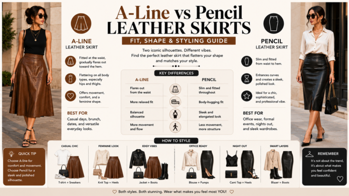 A-Line vs Pencil Leather Skirts: Fit, Shape & Styling Guide A-line vs pencil leather skirts compared by fit, shape, comfort, styling, occasions, and outfit combinations.