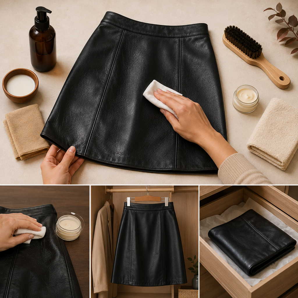 Black leather skirt displayed with leather care products, a soft brush, cloth, hanger, and storage box on a clean surface.