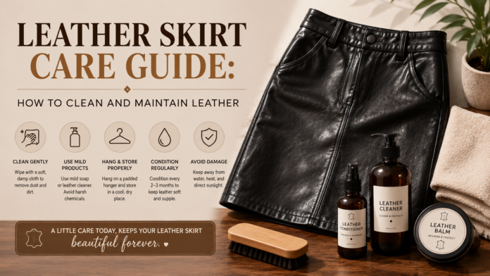 Leather skirt care guide showing how to clean, condition, store, and maintain a leather skirt properly.