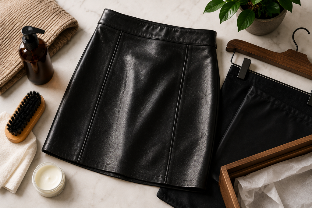 Black leather skirt displayed with leather care products, a soft brush, cloth, hanger, and storage box on a clean surface.