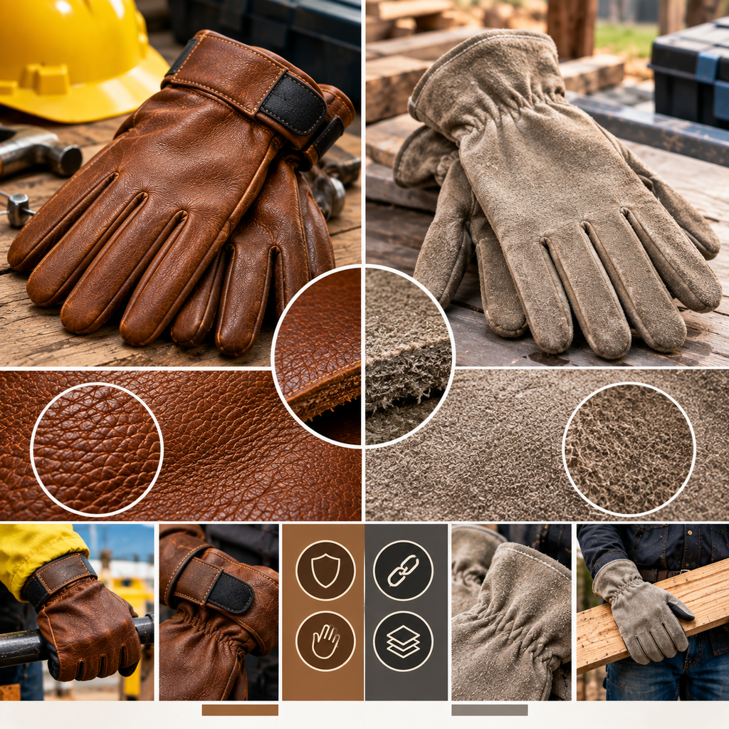 Grain and split leather gloves compared side by side for quality, durability, and protection.
