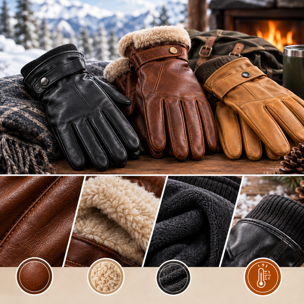 Brown leather winter gloves with warm shearling lining displayed on a rustic wooden table in a snowy setting.