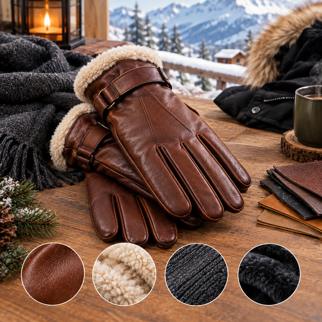 Brown leather winter gloves with warm shearling lining displayed on a rustic wooden table in a snowy setting.