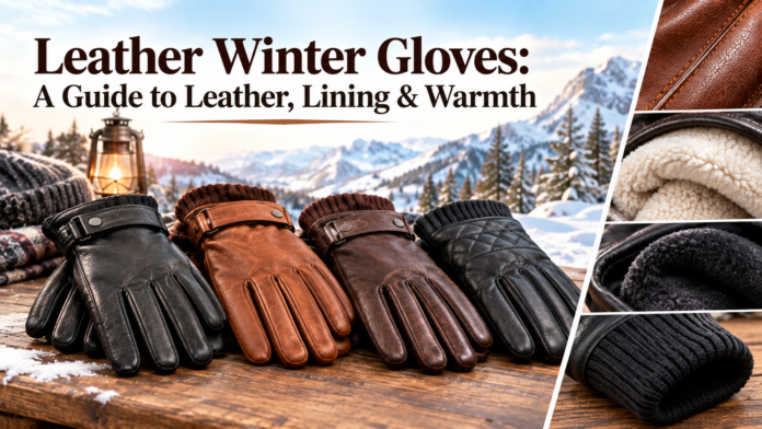 Leather winter gloves with warm linings displayed against a snowy mountain background, highlighting leather, lining, and warmth.
