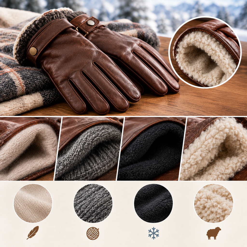 Brown leather winter gloves with cream fleece lining displayed on a rustic wooden table, alongside four circular close-ups showing different soft fabric textures in cream, gray, black, and white.