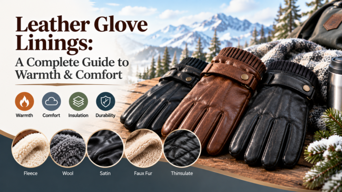 Leather glove linings shown with fleece, wool, satin, faux fur, and insulated materials for warmth and comfort.