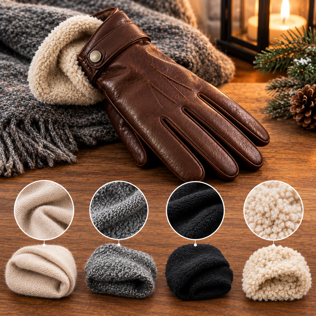 Brown leather winter gloves with cream fleece lining displayed on a rustic wooden table, alongside four circular close-ups showing different soft fabric textures in cream, gray, black, and white.