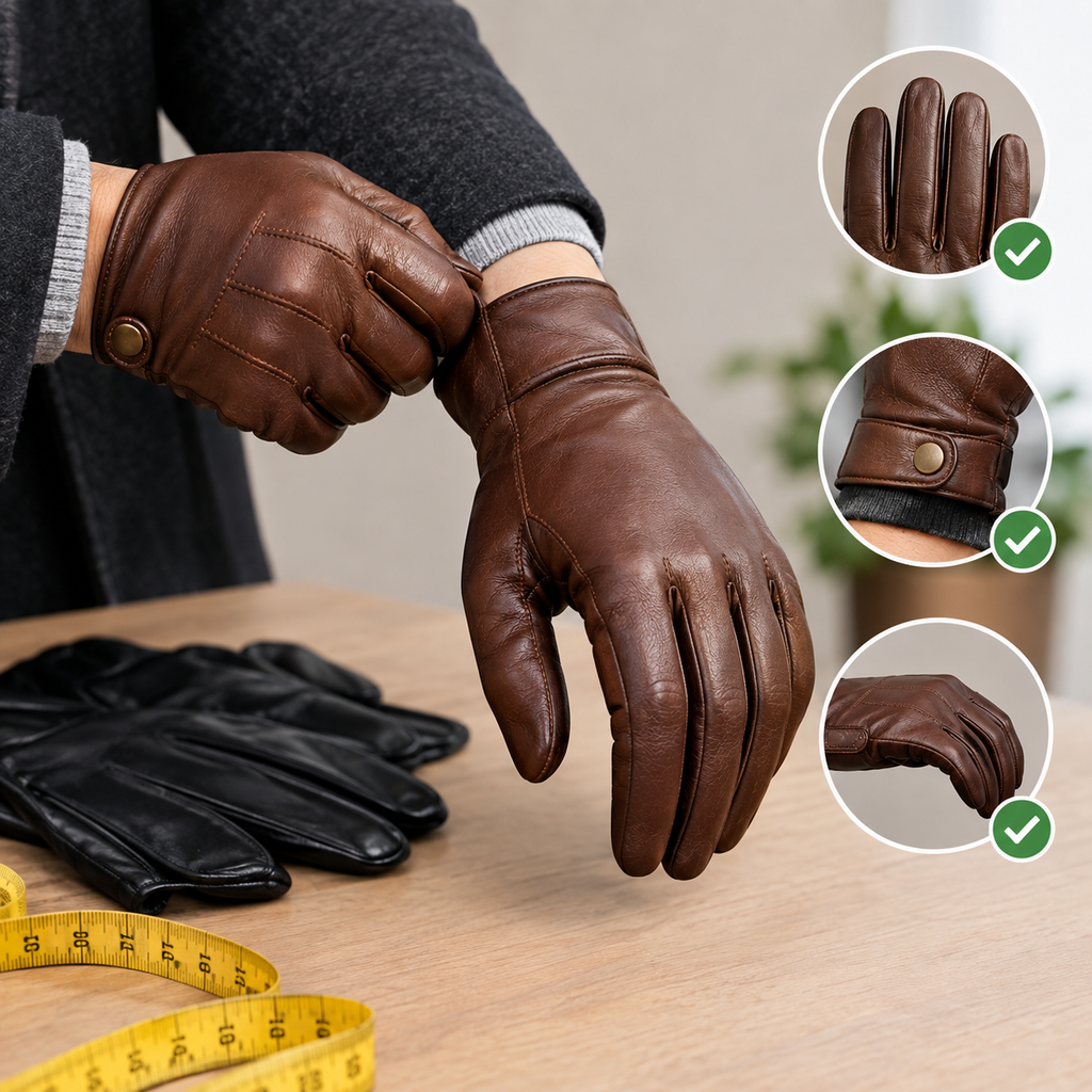 Brown leather gloves showing a comfortable and proper fit on a person's hands.