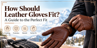 How Should Leather Gloves Fit? A Guide to the Perfect Fit Leather gloves being adjusted for a comfortable fit, with a black glove displayed on a wooden table.