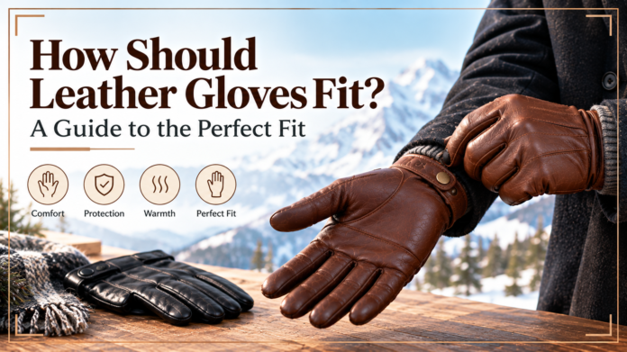 Leather gloves being adjusted for a comfortable fit, with a black glove displayed on a wooden table.