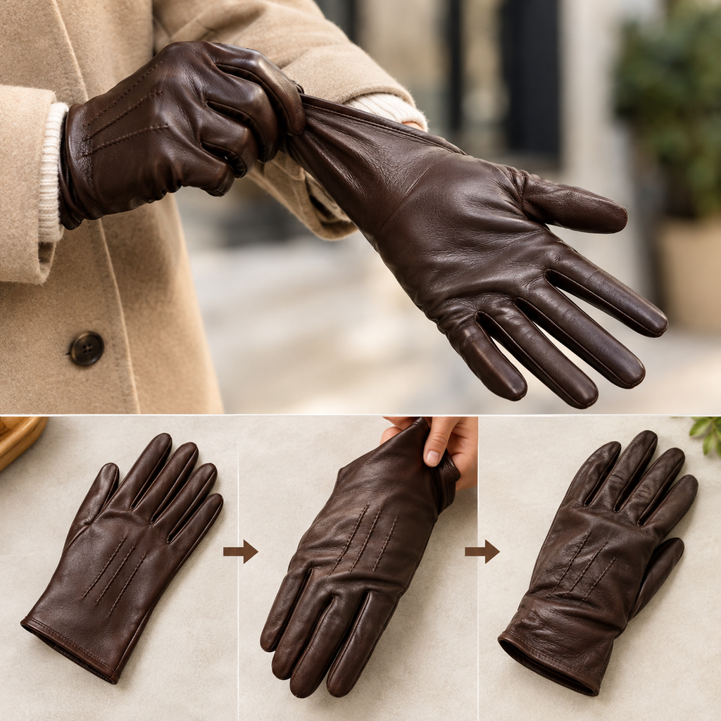 Brown leather gloves stretching and softening with regular wear, showing natural creases and flexibility.