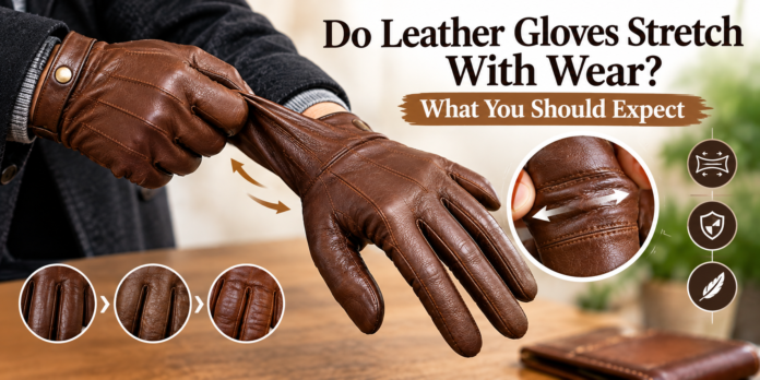Brown leather gloves stretching naturally with wear, showing flexible leather and visible creases.