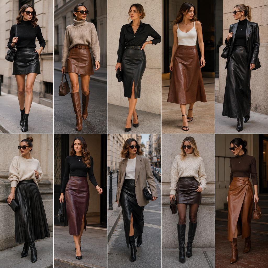 Six women wearing modern leather skirts in different silhouettes, including mini, pencil, A-line, midi, wrap, and pleated styles.