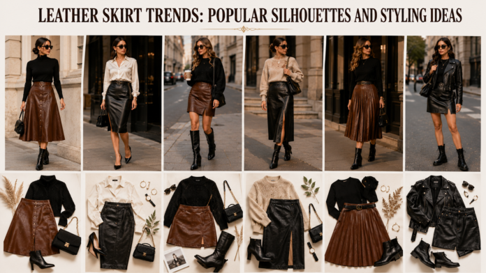Leather skirt trends featuring popular silhouettes, including A-line, pencil, mini, midi, maxi, pleated, and slit styles.