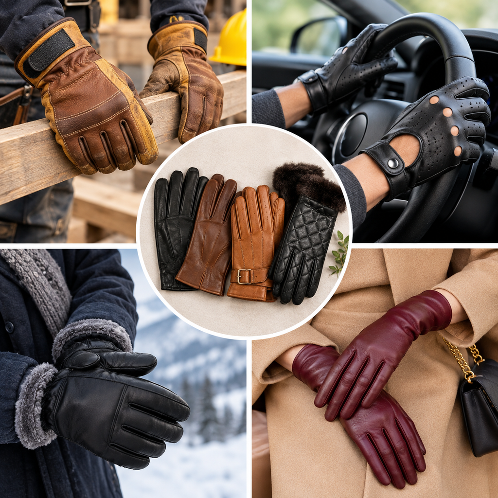 Different types of leather gloves, including work gloves, driving gloves, winter gloves, and elegant fashion gloves, displayed in various everyday settings.