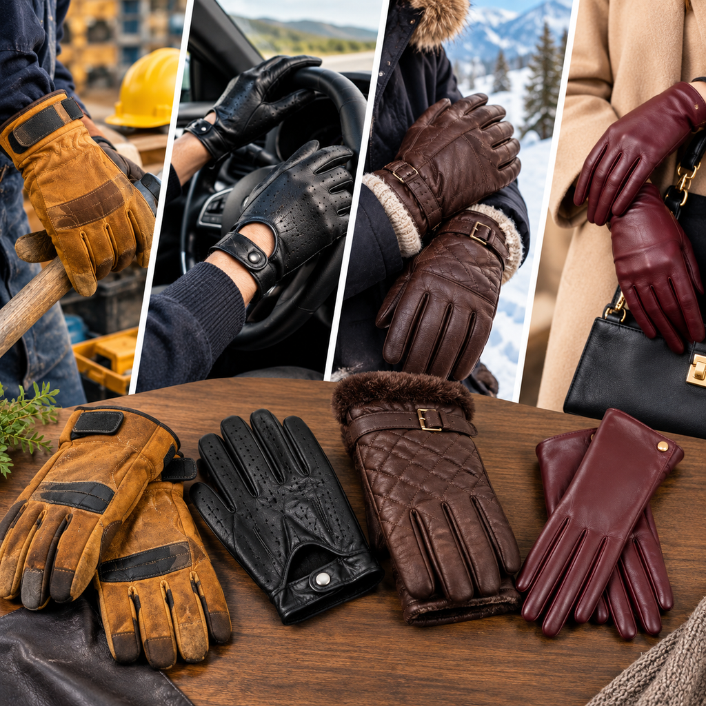 Different types of leather gloves, including work gloves, driving gloves, winter gloves, and elegant fashion gloves, displayed in various everyday settings.