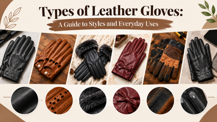 Types of leather gloves including classic, driving, winter, fashion, work, and touchscreen styles.