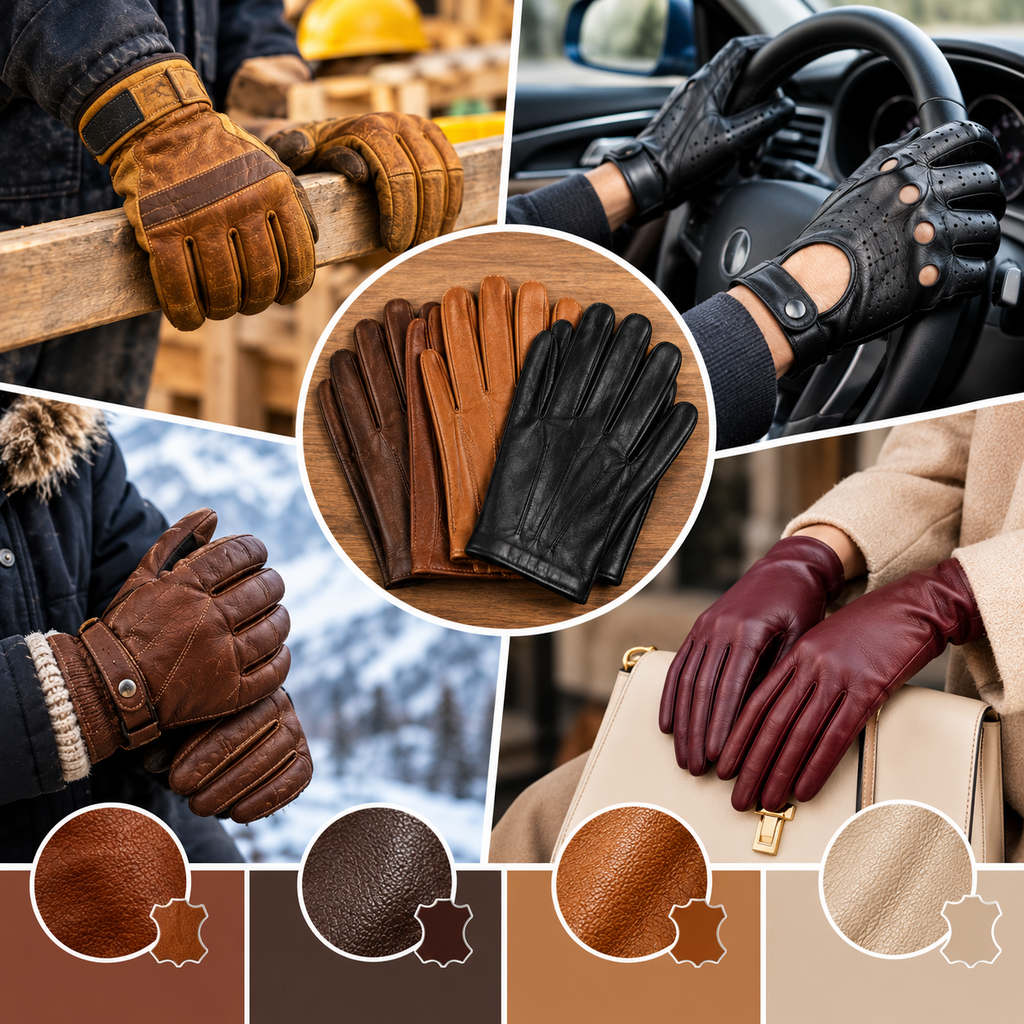 A collection of leather gloves in brown, black, tan, and cream colors displayed on a wooden surface with different leather textures.