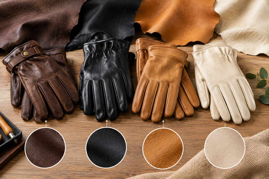 A collection of leather gloves in brown, black, tan, and cream colors displayed on a wooden surface with different leather textures.