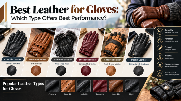 Best leather types for gloves, including cowhide, deerskin, lambskin, sheepskin, goatskin, and pigskin.