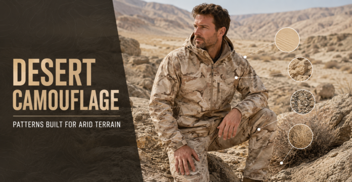 Desert Camouflage Clothing How Camo Patterns Adapt to Arid Environments Person wearing desert camouflage that matches sand, rocks, gravel, and dry vegetation.