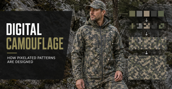 Person wearing digital camouflage with a visual breakdown of its pixelated pattern design.