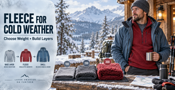 Winter hiker wearing a base layer, red fleece, and outer shell beside 100, 200, and 300-weight fleece samples.