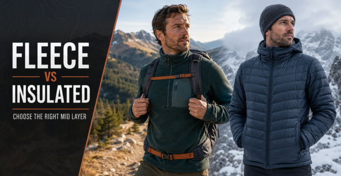 Comparison of breathable fleece and lightweight insulated outdoor mid-layer clothing.