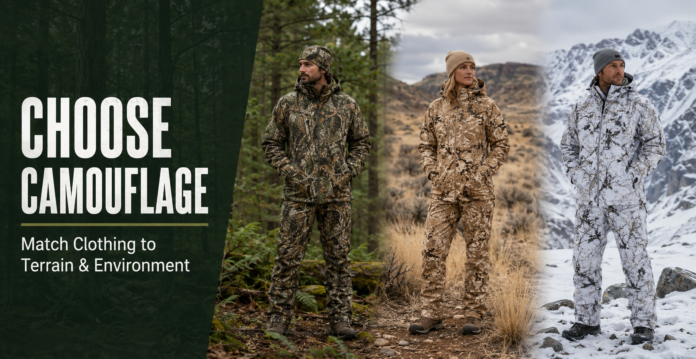 Three people wearing camouflage matched to woodland, dry grassland, and snowy mountain environments.