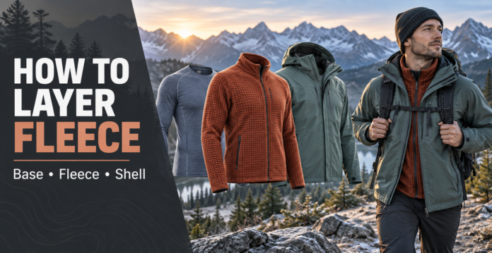Base layer, fleece mid-layer, and weatherproof shell displayed beside a fully layered hiker in a snowy mountain landscape.