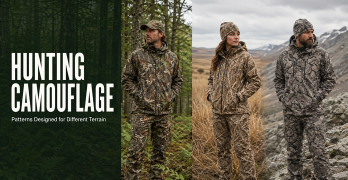 Three people wear woodland, grassland, and rocky-terrain hunting camouflage in matching natural environments.