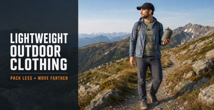 Hiker carrying a compressed packable jacket while wearing lightweight outdoor clothing on an alpine trail.