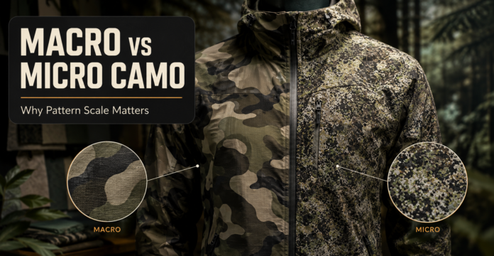 Outdoor jacket comparing large macro camouflage shapes with detailed micro camouflage patterns.