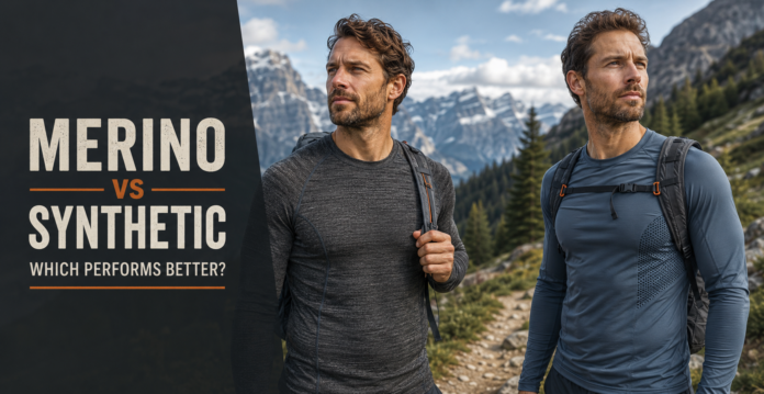 Comparison of merino wool and synthetic outdoor performance shirts worn by mountain hikers.